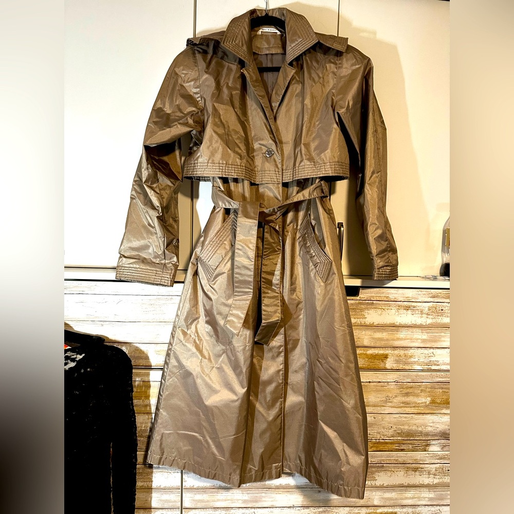 ✨ Vintage Bronze Metallic Trench Coat 4P Petite Hooded Belted Raincoat
